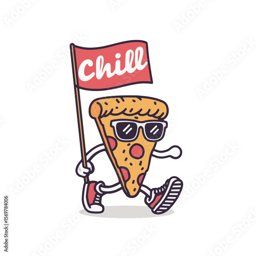Cool Pizza Slice Cartoon Vector Holding Chill Flag with Sunglasses and Streetwear Style