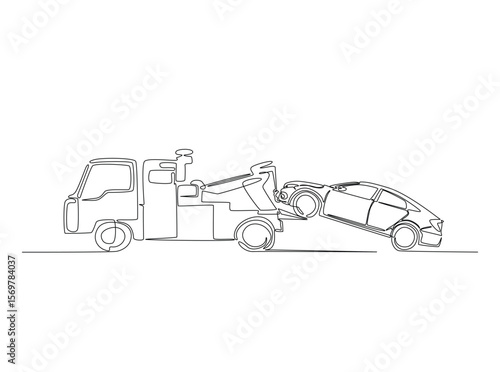 Towed car service in single outline illustration. Continuous line art drawing of evacuation car with tow truck.