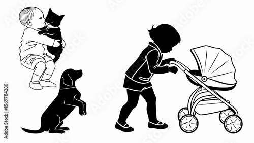 Baby & Pet Silhouettes — Toddler with Puppy, Cat Cuddles, Baby’s First Pet Scenes for Nursery Wall Art & Personalized Gifts


