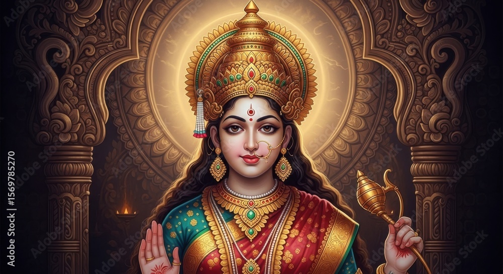 Fototapeta premium A radiant Hindu goddess adorned in ornate gold jewelry and vibrant silk sari bestows blessings with a gentle hand