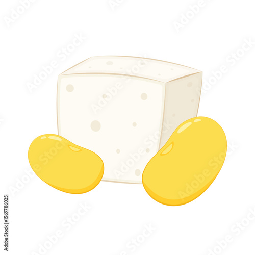 White Tofu and Soybean vector. Tofu cartoon style isolated on white background. Vegetarian nutrition, healthy food.