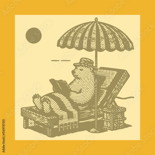  Heavy lined effect vibrant color postal stamp vector featuring a polar bear wearing a cap relaxing on a sunbed under a sun umbrella summer vacation tropical beach wildlife design