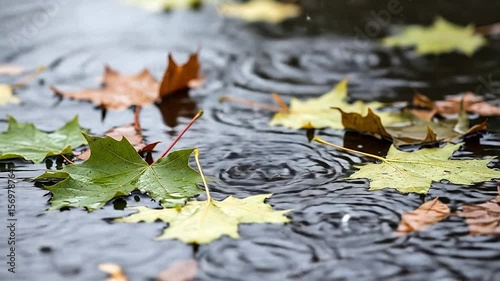 Close-up of rain falling in backyard puddle with floating leaves