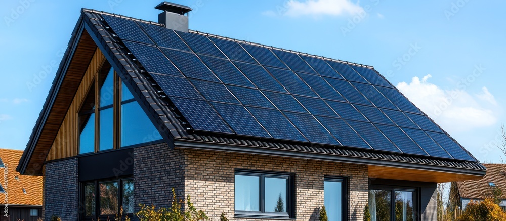 Fototapeta premium Modern house with solar panels on the roof