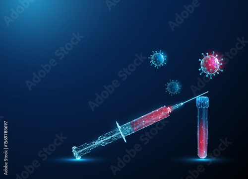 Abstract blood syringe on test tube with red viruses around. Concept of viral infection, blood contamination, medical diagnostics