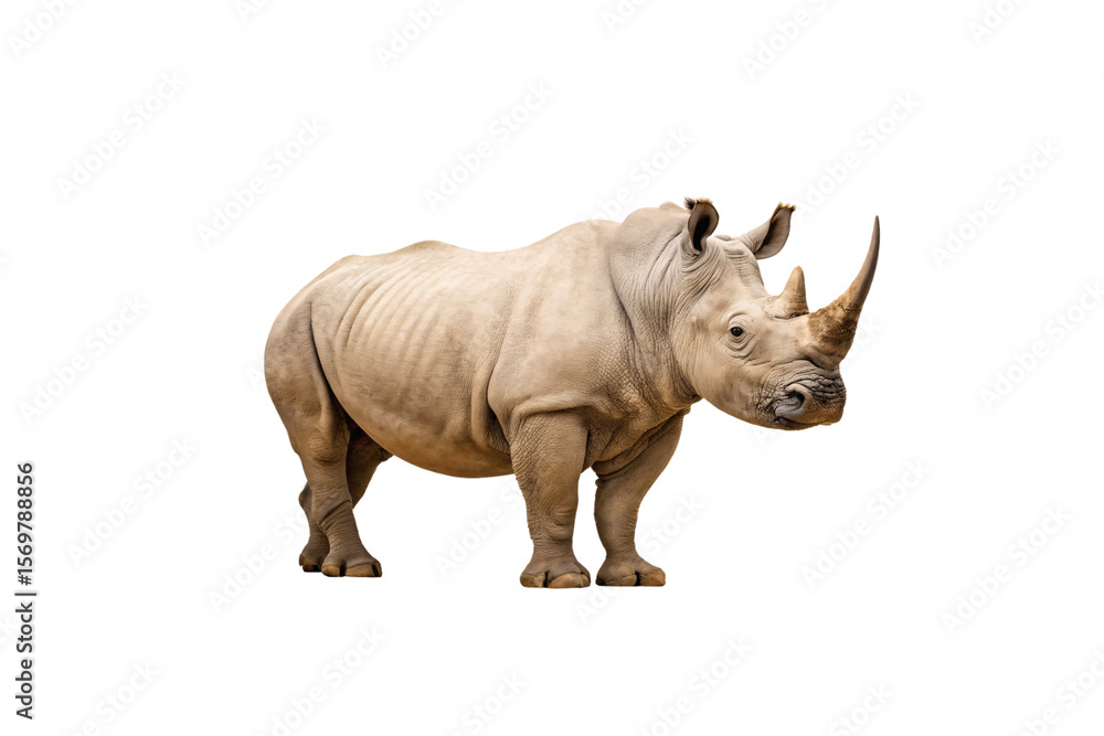 Fototapeta premium White rhinoceros standing in profile view showing distinctive horn and thick gray skin, isolated on a transparent background