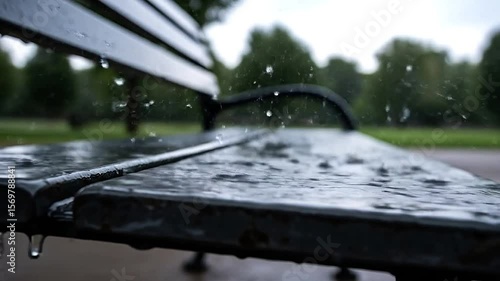 Close-up view of rain bouncing off metal bench with visible splashes