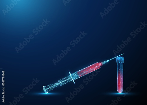 Abstract red blood syringe on test tube with blood inside Medical diagnostics and laboratory analysis concept. Blood test, injection, treatment, healthcare background.