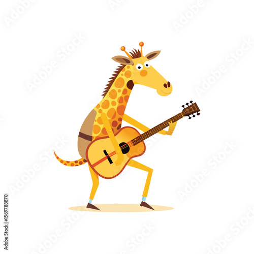 Funny cartoon giraffe playing guitar with hooves and tail, music animal character, cute vector illustration on white background
