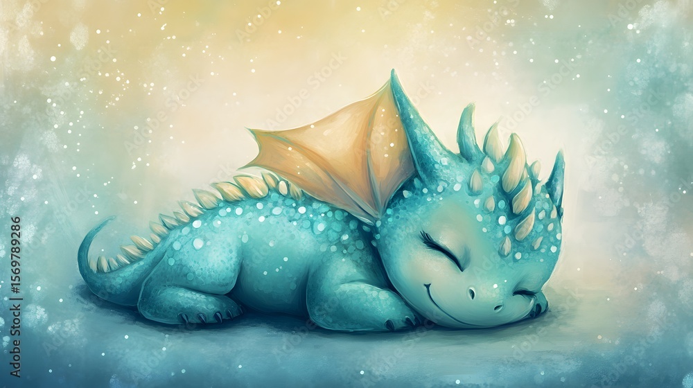 Naklejka premium Adorable Sleeping Dragon with Sparkling Scales in Soft Colors