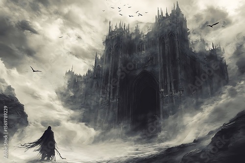 Gothic Castle with Dark Landscape.