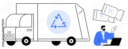 Recycling truck with circular recycling sign, manager pointing at tickets while working on laptop. Ideal for waste management, recycling, logistics, environmental consciousness, efficiency