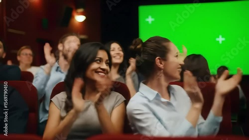 Audience applauds at a cinema, green screen in background, suitable for film promotion or video