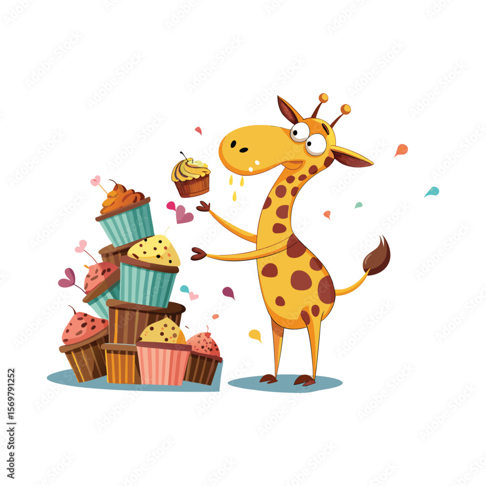 Obraz premium Funny giraffe sneezing and knocking over cupcakes cartoon vector illustration, cute animal mishap, humor, white background, clean design.