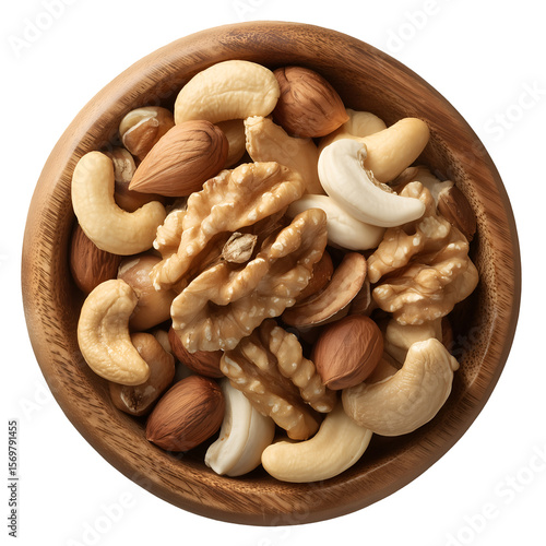 Wooden bowl with mixed nuts walnuts cashews almonds top view isolated on transparent background.
