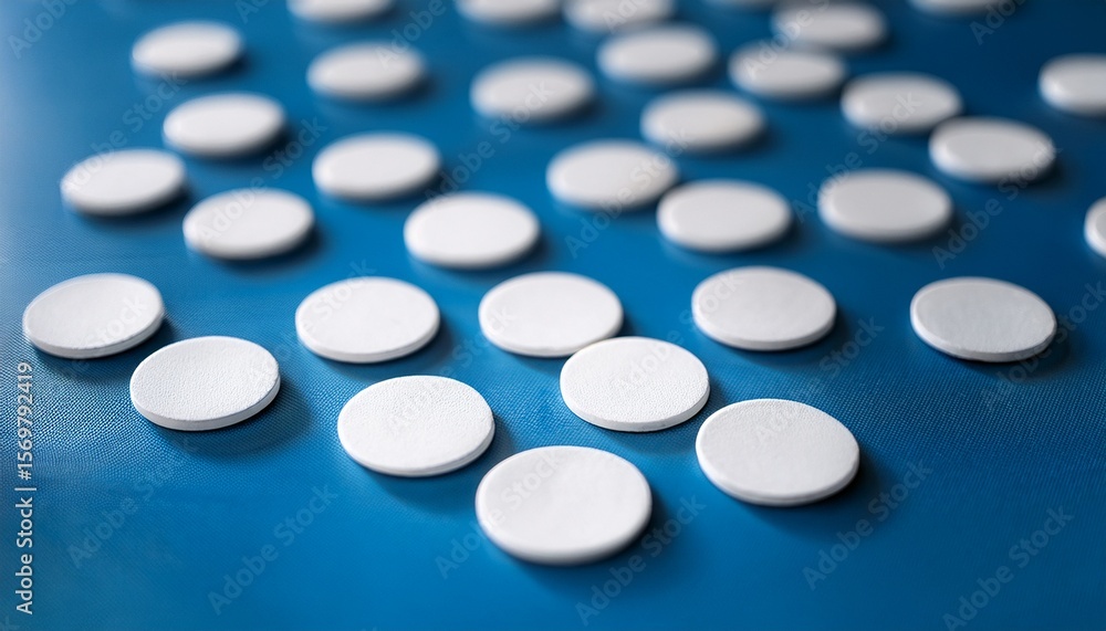 close up of scattered white circular discs placed randomly on a bright blue surface creating a pattern with depth of field blur close up of scattered white circular discs placed randomly on a bright blue surface creating a pattern with depth of field blur