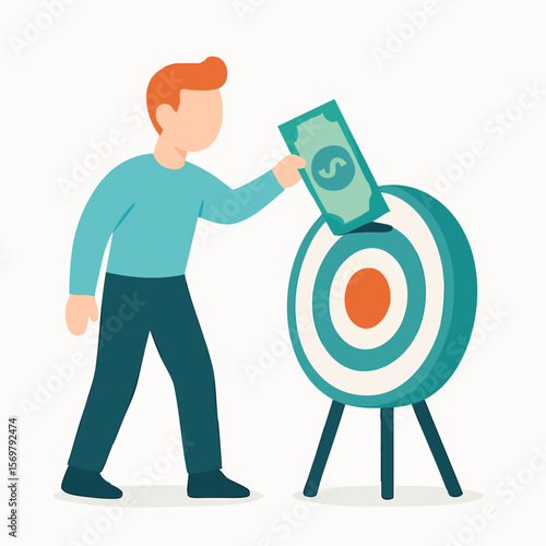 Flat Illustration of Man Putting Money Into Target Savings Concept