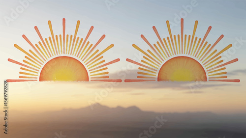 Twin suns rising over misty mountains sunrise dawn