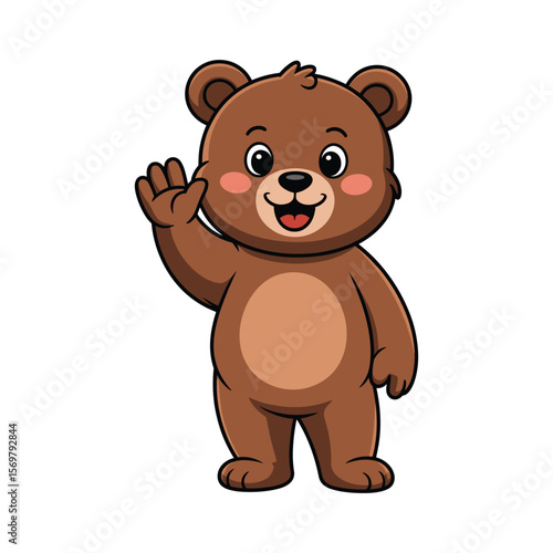 Cute Cartoon Bear Waving and Smiling, Adorable Animal Character for Kids Illustration, Educational Materials, Nursery Prints, Greeting Cards and Children's Designs.
