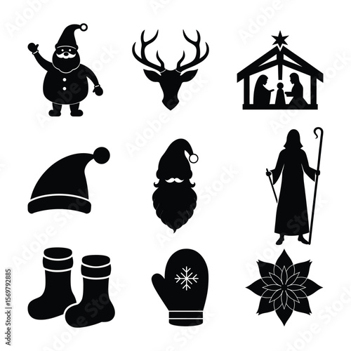 A set of nine black silhouette vector icons featuring Santa, reindeer, nativity scene, shepherd, hat, beard, socks, mitten, and poinsettia for Christmas design use.