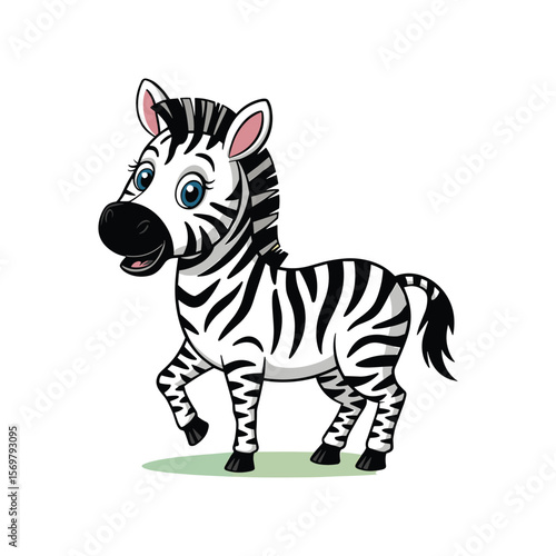 Cute Cartoon Zebra with Big Blue Eyes and Happy Smile Standing on Grass, Black and White Stripes, Isolated on White Background.