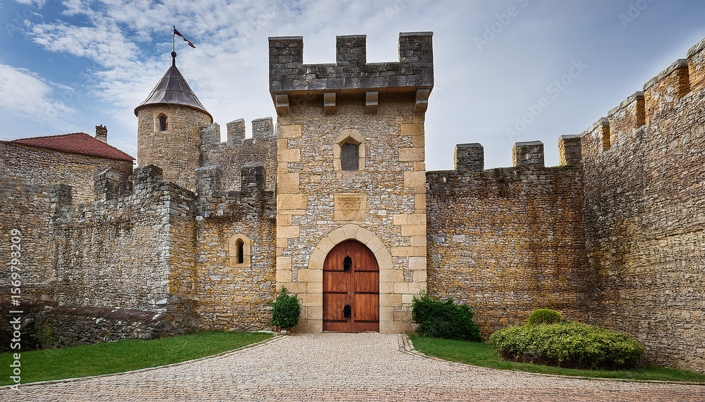 Obraz premium pixelated medieval castle walls and accessories with stone door entrance