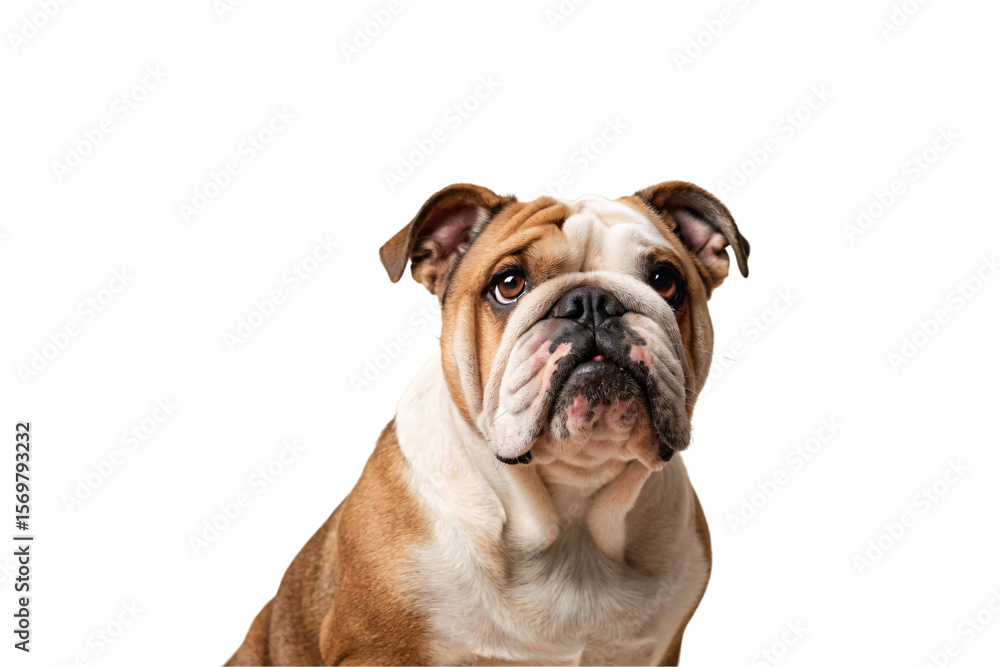 English bulldog with tan and white markings in close-up portrait style photograph, isolated on a transparent background English bulldog with tan and white markings in close-up portrait style photograph, isolated on a transparent background