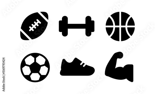 Collection of iconic sports symbols: football, basketball, soccer, and fitness elements
