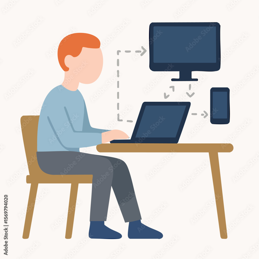 Flat Illustration Man Working on Laptop with Monitor and Phone Setup Flat Illustration Man Working on Laptop with Monitor and Phone Setup