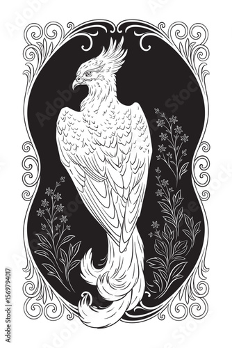 Phoenix folklore magic fire bird over ornate frame black and white hand drawn line art gothic tattoo design isolated vector illustration