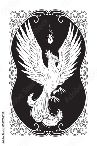Phoenix folklore magic fire bird over ornate frame black and white hand drawn line art gothic tattoo design isolated vector illustration