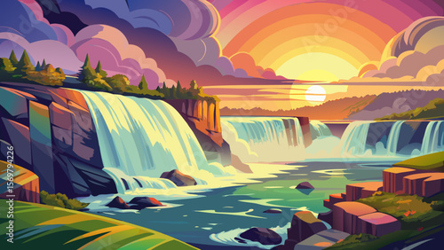 Niagara Falls, Ontario – Majestic waterfalls glow in the sunrise light, with swirling mist and natural rainbows amplifying their awe-inspiring power.