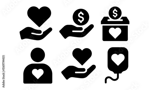 Charity icons: donation, heart, and giving symbols for volunteer concepts
