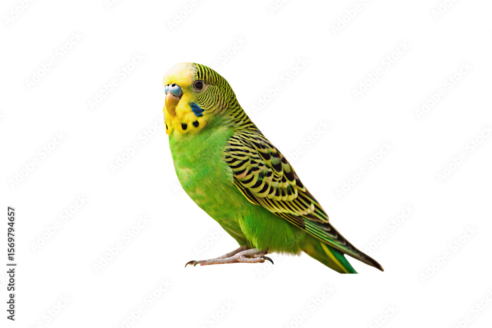Fototapeta premium Green budgerigar parakeet perched with yellow head and black striped wing markings displaying, isolated on a transparent background