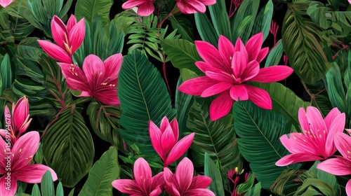 Wallpaper Mural Vibrant Pink Tropical Flowers and Lush Green Leaves Seamless Pattern Design Torontodigital.ca