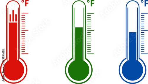 Temperature thermometers showing hot cold and moderate weather forecast in fahrenheit scale icon set vector
