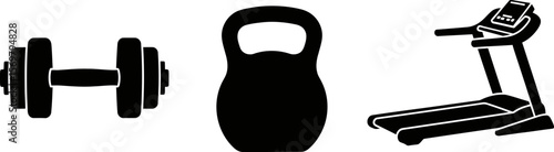 Fitness equipment for gym workout dumbbell kettlebell and treadmill vector illustration black and white icon vector