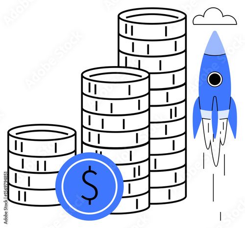 Stacks of coins with a dollar coin in front and a blue rocket launching overhead. Ideal for finance, business, investment, savings, startups, economic success, innovation. Simple flat metaphor