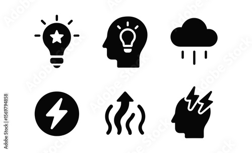 Six minimalist icons depicting creativity, brainstorming, and conceptual ideas