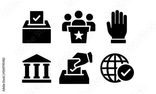 Election icons: ballot, candidate, voting hand, government, global participation