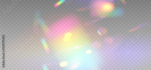 Rainbow light prism effect layer, transparent overlay background. Hologram bright reflection, crystal flare imposition. Vector realistic illustration with mesh gradients.