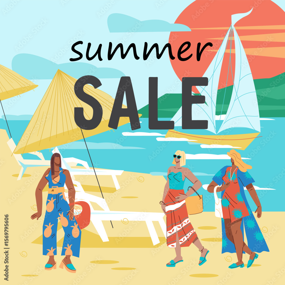 Fototapeta premium Banner template for summer fashion sale, vector illustration. Summer sale advertising banner or card.