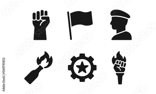 Protest symbol icons: fist, flag, activist, molotov cocktail, gear, revolution imagery