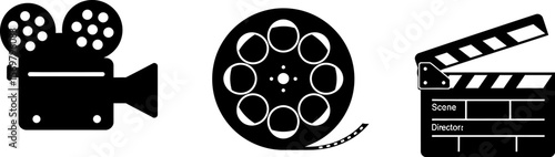Movie making equipment vector icons: camera film and clapper board for film production and cinema industry vector