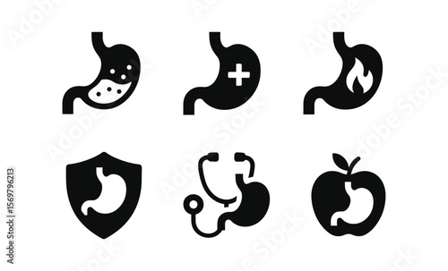 Stomach health icons: digestion, medical care, heartburn, protection, diagnosis, nutrition