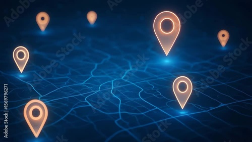 A digital illustration showcasing multiple location pins on a blue map background, perfect for representing navigation, geolocation, and location-based services in technology.