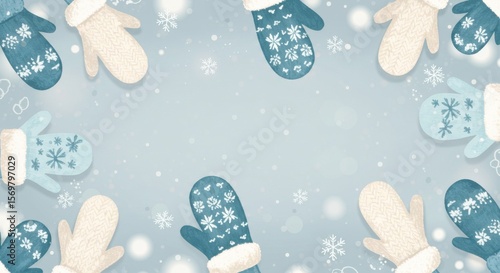 Winter mittens and snowflakes frame on light blue background with copy space