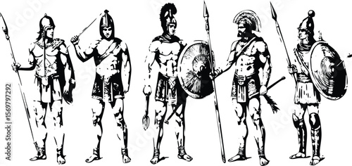 Greek & Spartan Warriors Vector Engraving Set. Detailed Monochrome Ancient Hoplite Illustrations. Vintage Warfare Icons & Symbols