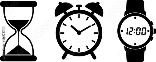 Time management vector icons set including hourglass alarm clock and wristwatch for graphic design use vector