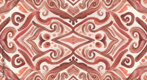 Symmetrical watercolor pattern with swirls and earthy tones on white background
